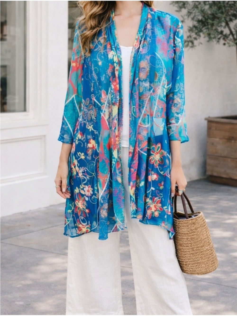 Multiples Sheer Floral Embroidered Kimono Cardigan Boho Beachy Resort L
